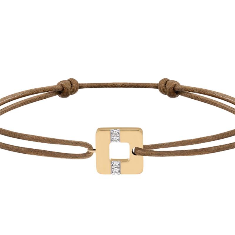 750 Yellow Gold Arty Square Line Bracelet with Brown Nylon Cord & Diamonds 0,023 ct, Adjustable Length - Skalli