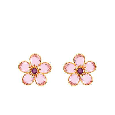 Boucles d'oreilles Florere Fleurs Roses Métal Doré & Cristaux - Swarovski