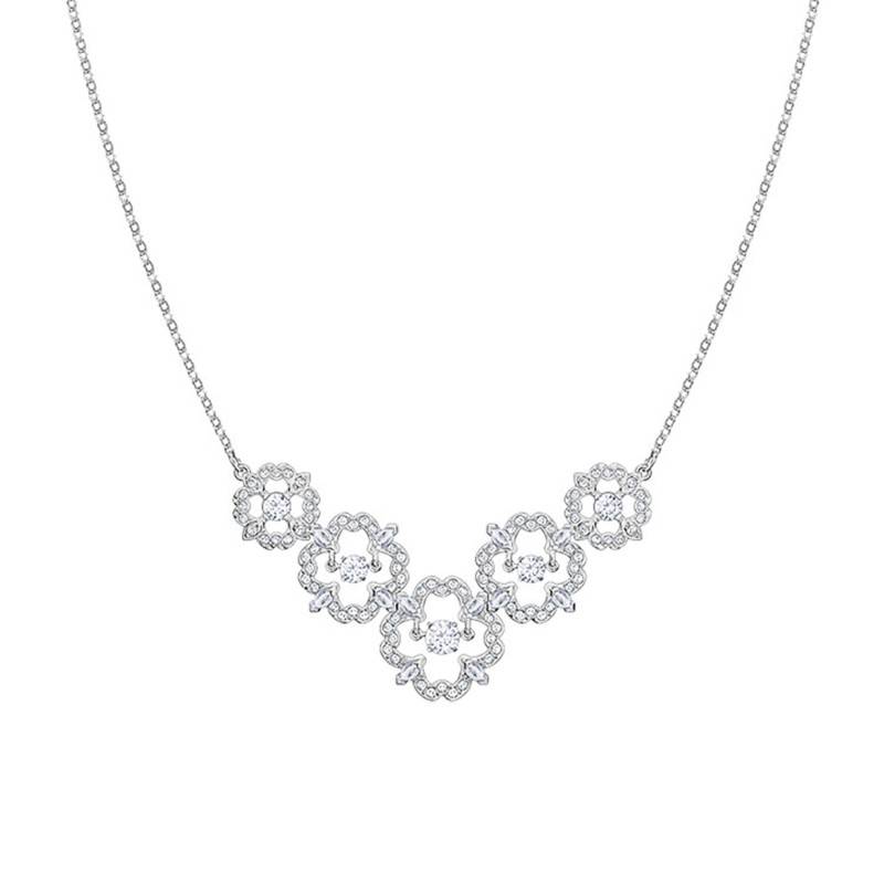 Sparkling Dance Flower White & Rhodium-Plated Metal Necklace, Adjustable Length 38 cm - Swarovski