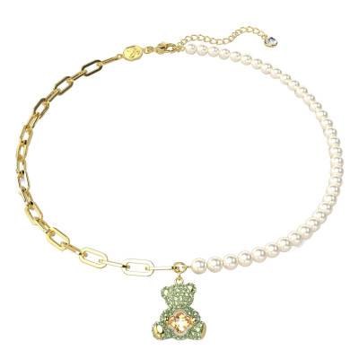 Collier Ours Teddy Vert, Métal Doré, Perles & Cristaux Bicolores, 38 à 43 cm - 5669162 - Swarovski