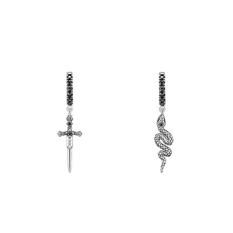 925/1000 Silver Blackened Snake and Sword Hoop Earrings, 1.40 cm Diameter - CR713-643-11 - Thomas Sabo
