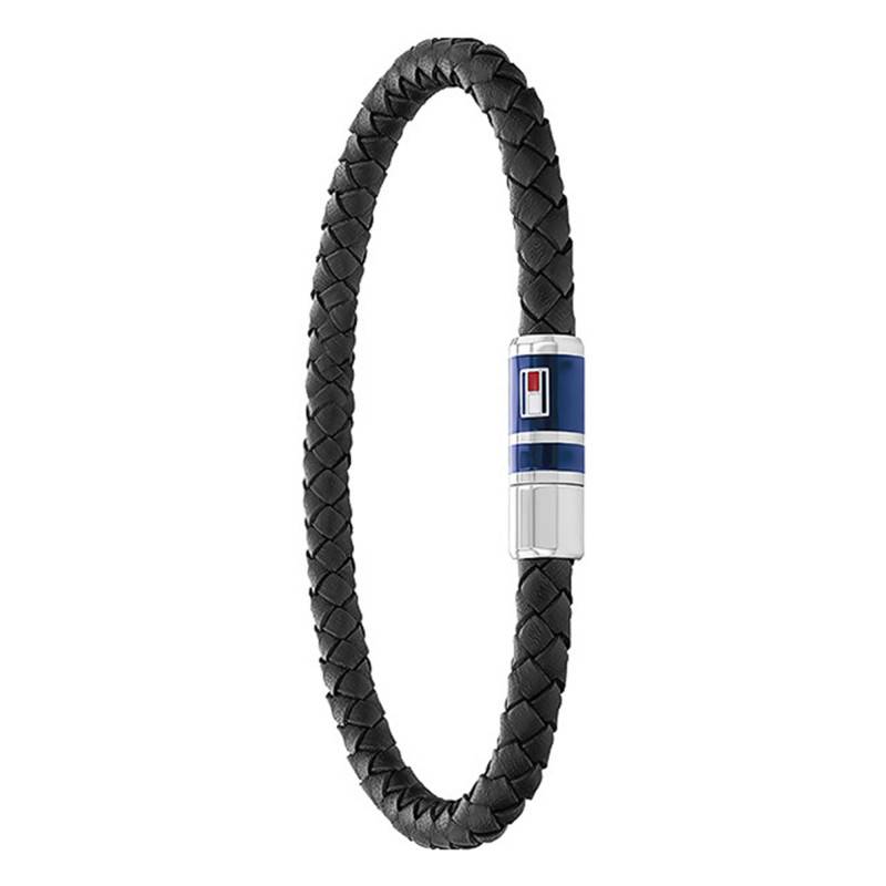 Black Braided Leather & Steel TH Bracelet, Length 21.5 cm - Tommy Hilfiger