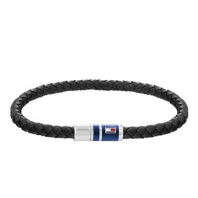 Black Braided Leather & Steel TH Bracelet, Length 21.5 cm - Tommy Hilfiger