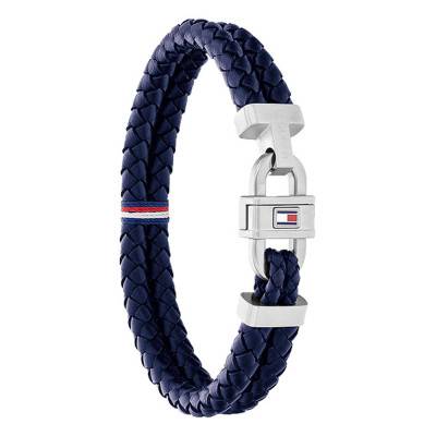 Bracelet Double Cuir Bleu et Mousqueton Acier, Longueur 19 cm - Tommy Hilfiger
