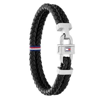 Bracelet Double Cuir Noir et Mousqueton Acier, Longueur 19 cm - Tommy Hilfiger
