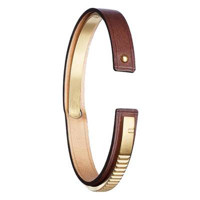 Bracelet Uraeus Cuir Noir en Laiton Plaqué Or, Longueur 16 à 19,5 cm, Largeur 9,00 mm - U78HBRGM-IN02 - Ursul