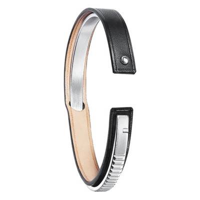Bracelet Uraeus Cuir Noir en Laiton Plaqué Argent, Longueur 16 à 19,5 cm, Largeur 9,00 mm - U78HBRSM-IN01 - Ursul