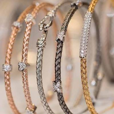 Yellow Rhodium-Plated 925 Silver & Zirconium Oxide Open Bangle Bracelet - Valenzi