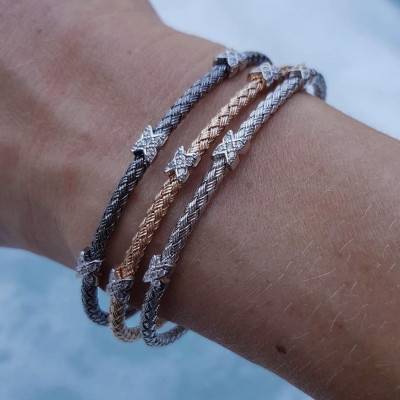 Jonc tressé rose, Argent Rhodié & Oxydes de zirconium - Valenzi
