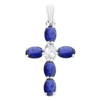 375/1000 White Gold, Blue Stones & White Cubic Zirconia Cross Pendant - Vandona