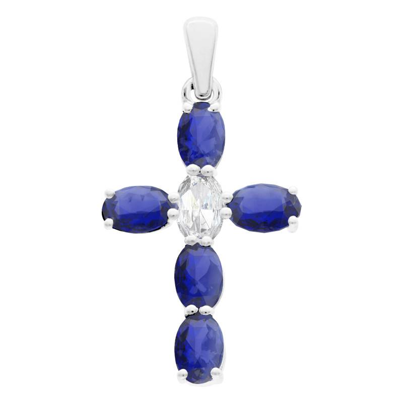 375/1000 White Gold, Blue Stones & White Cubic Zirconia Cross Pendant - Vandona