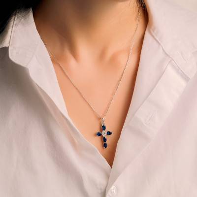 375/1000 White Gold, Blue Stones & White Cubic Zirconia Cross Pendant - Vandona