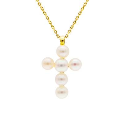 Collier Croix en Or Jaune 375 & Perles, Longueur 39 à 41 cm - Vandona