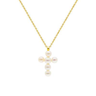 375/1000 Yellow Gold & Pearl Cross Necklace, Length 39 cm to 41 cm - Vandona