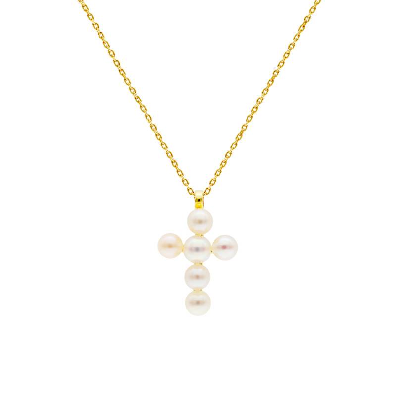 375/1000 Yellow Gold & Pearl Cross Necklace, Length 39 cm to 41 cm - Vandona