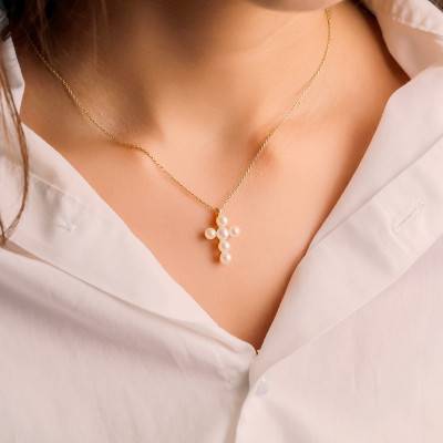 375/1000 Yellow Gold & Pearl Cross Necklace, Length 39 cm to 41 cm - Vandona