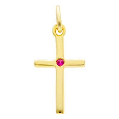 Pendentif Croix Chapelet en Or Jaune 375 & Pierre Rose - Vandona