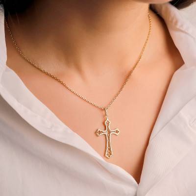 375 Yellow Gold Open Filigree Cross Pendant - Vandona