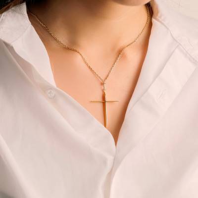 Yellow 375/1000 Gold Modern Cross Volume Pendant - Vandona