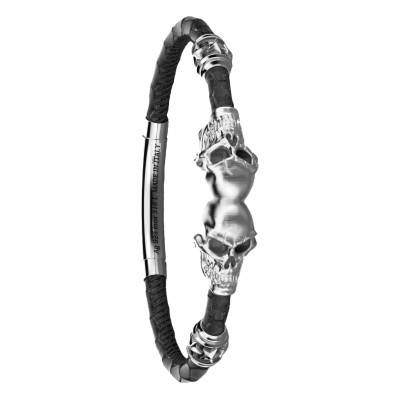 Leather & 925 Sterling Silver Vendetta Skull Bracelet, Length 19 cm to 21 cm - EXB770 - Zancan