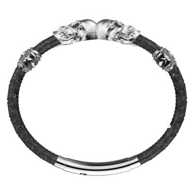 Bracelet Vendetta Têtes de Mort en Cuir & Argent, Longueur 19 cm à 21 cm- EXB770 - Zancan