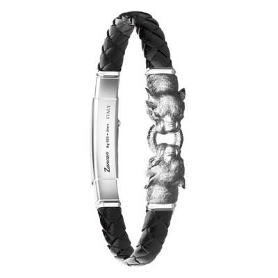 925 Sterling Silver & Leather Vintage Panther Bracelet, Length 19 cm to 21 cm - EXB952 - Zancan