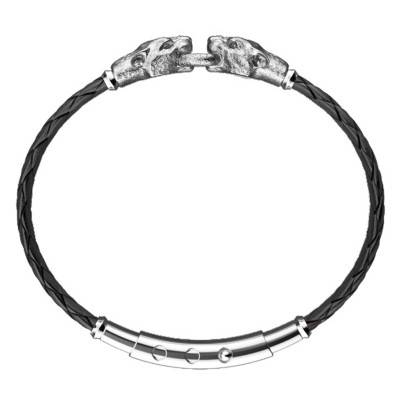 925 Sterling Silver & Leather Vintage Panther Bracelet, Length 19 cm to 21 cm - EXB952 - Zancan
