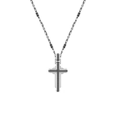 Collier Cosmopolitan Luxury Croix Pierres Noires & Argent, 60 cm - ESC063 - Zancan