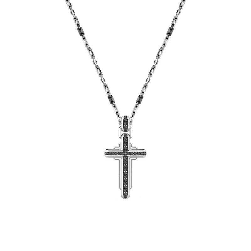 925/1000 Silver & Black Stones Cosmopolitan Luxury Cross Necklace, 60 cm Length - ESC063 - Zancan