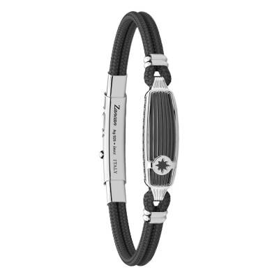 925 Silver & Kevlar Cosmopolitan Compass Rose Bracelet with Black Spinels, Length 19 cm to 21 cm - EXB640 - Zancan
