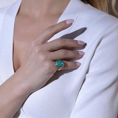 Yellow Gold-Plated Turquoise Relief Ring - Etrusca Gioielli
