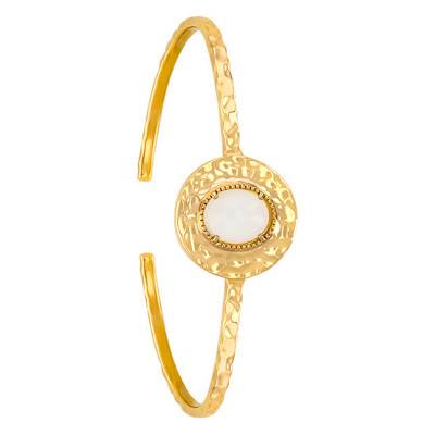 3-Micron Yellow Gold-Plated & White Moonstone Open Bangle, Diameter 58 mm - Naïades
