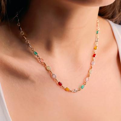 750 Yellow Gold-Plated Brass & Multicolor Stone Necklace, 45 cm - Naïades