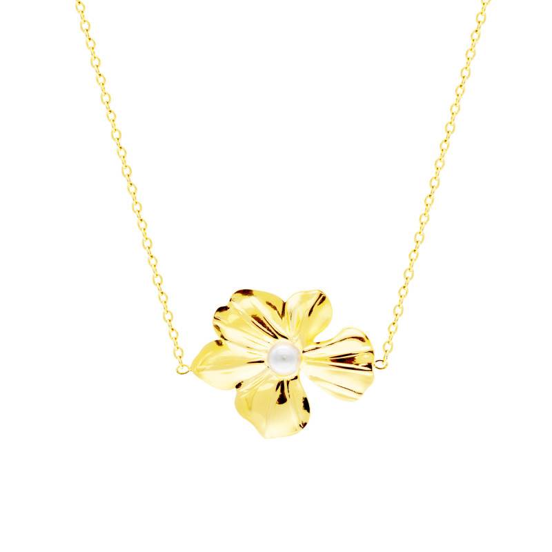 Gold-Plated Steel & Imitation Pearl Flower Necklace, 45 cm Length - Emanessence