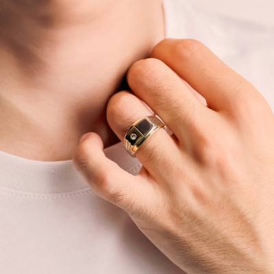 Chevalière Bicolore Striée & Oxyde de Zirconium, 15 x 10 mm, 2 Ors 375 - Imperium