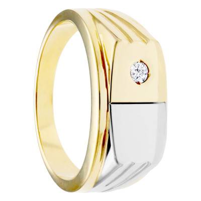 Chevalière Bicolore Striée & Oxyde de Zirconium, 15 x 10 mm, 2 Ors 375 - Imperium