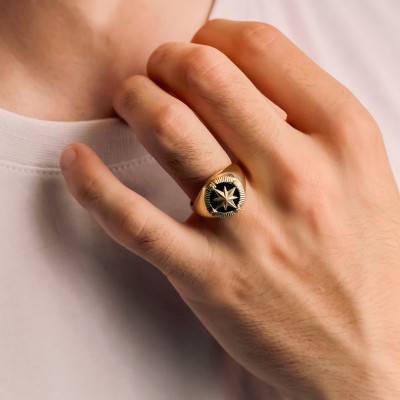 375 Yellow Gold & Black Enamel Compass Rose Signet Ring, 14 x 14 mm - Imperium