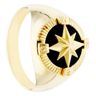375 Yellow Gold & Black Enamel Compass Rose Signet Ring, 14 x 14 mm - Imperium