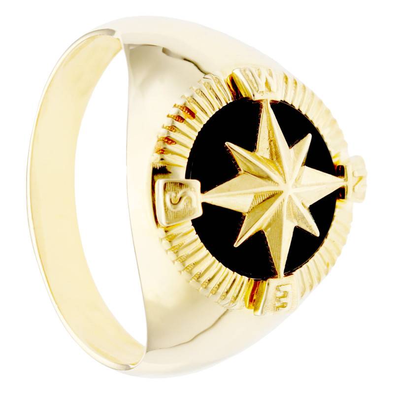 375 Yellow Gold & Black Enamel Compass Rose Signet Ring, 14 x 14 mm - Imperium