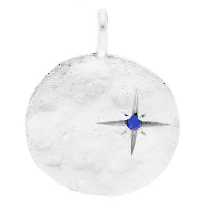 Médaille Martelée Étoile en Argent 925 & Saphir, Diamètre 18 mm - Ocarat