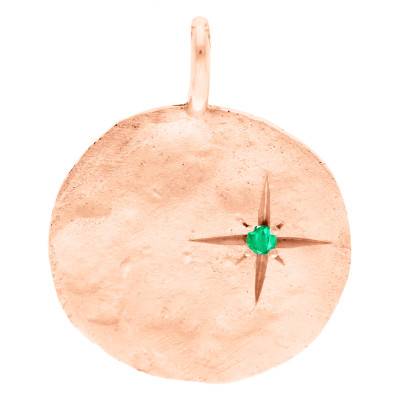 Médaille Martelée Etoile en Or Rose 750 & Emeraude, Diamètre 18 mm - Ocarat