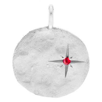 Médaille Martelée Etoile en Or Blanc 750 & Rubis, Diamètre 18 mm - Ocarat