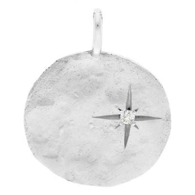Médaille Martelée Etoile en Argent 925 & Diamant, Diamètre 18 mm - Ocarat