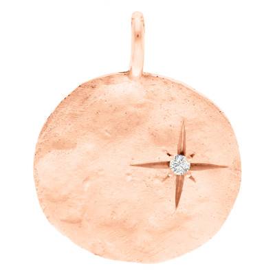 Médaille Martelée Etoile en Or Rose 750 & Diamant, Diamètre 18 mm - Ocarat