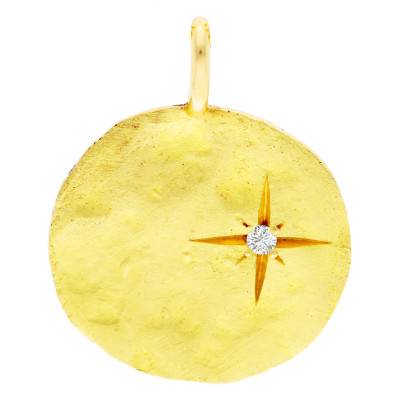Médaille Martelée Etoile en Or Jaune 750 & Diamant, Diamètre 18 mm - Ocarat