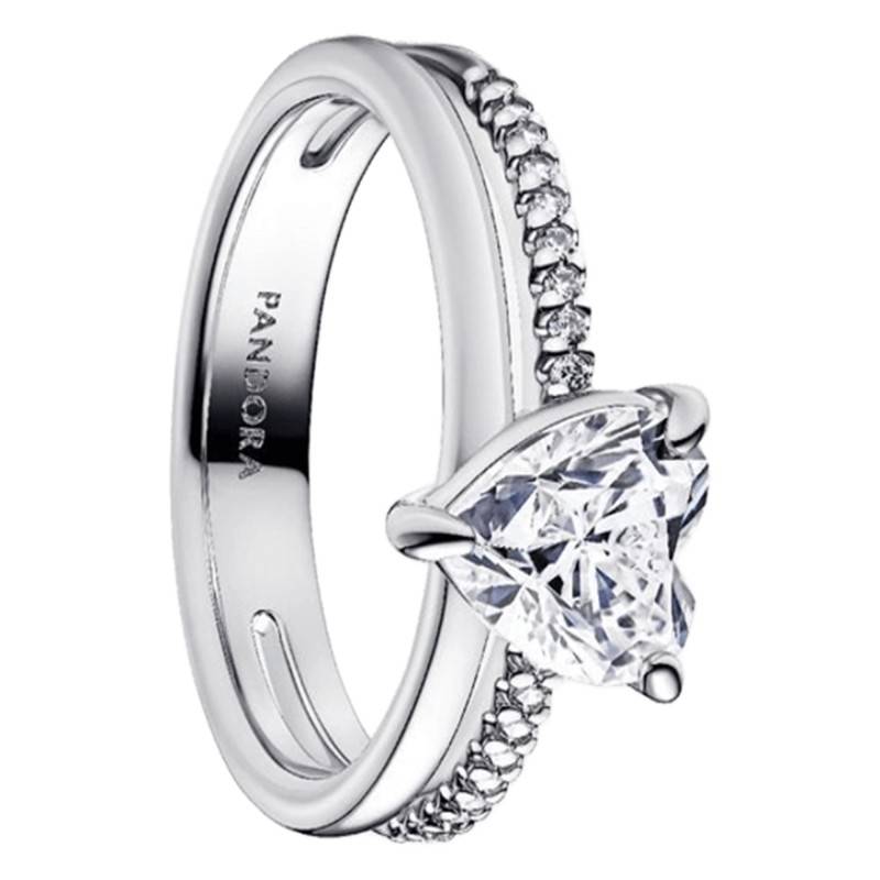 925 Silver Double Ring Heart Band - Pandora