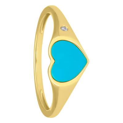 Chevalière Coeur Turquoise & Diamant en Or Jaune 750 - Aurora
