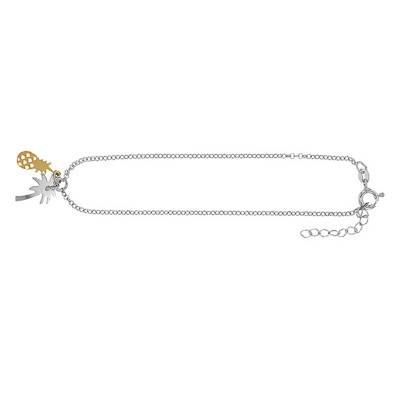 Chaîne de cheville avec palmier et ananas en argent et doré, Longueur 26 cm ajustable - Naïades