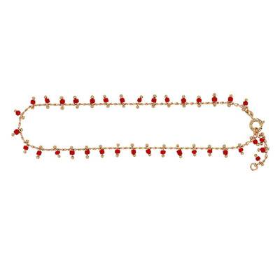 Yellow Gold-Plated & Coral Red Synthetic Stone Cable Chain Anklet, 25 cm Length - Naïades