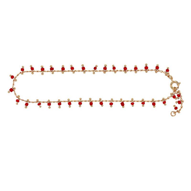Yellow Gold-Plated & Coral Red Synthetic Stone Cable Chain Anklet, 25 cm Length - Naïades